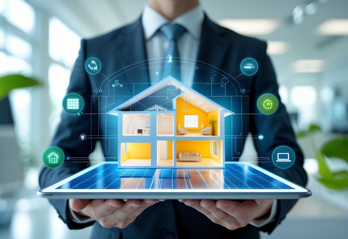 En person holder en digital tegning av et moderne, energieffektivt hus i et lyst kontormiljø.