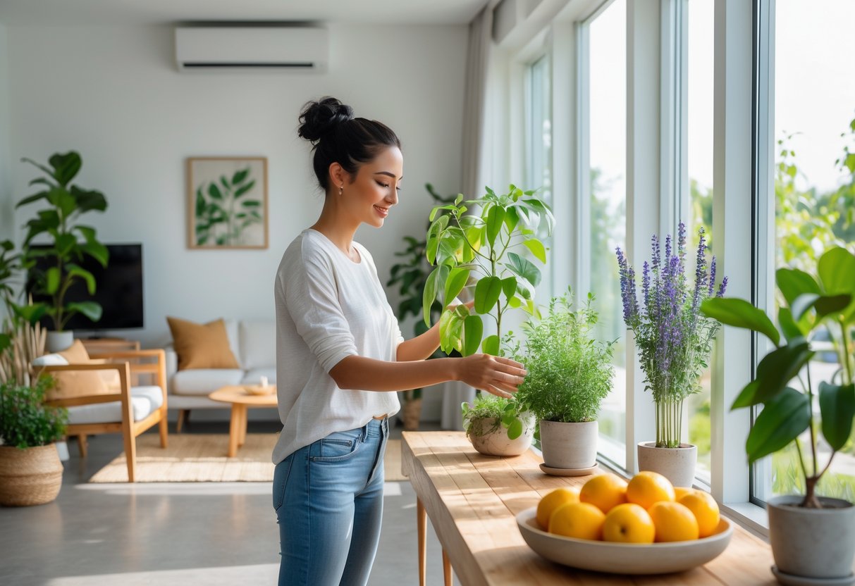 Et lyst og naturlig hjem med planter og naturlige midler for å beskytte mot skadedyr.