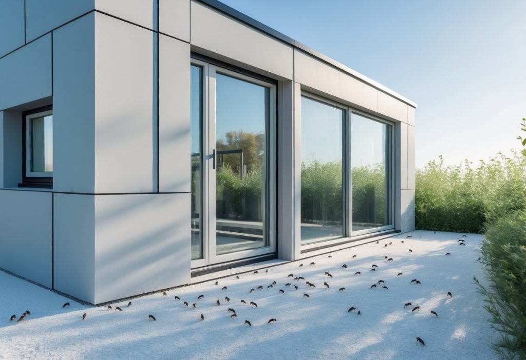 Moderne passivhus med tette vinduer og dører, omgitt av grøntområder og små insekter nær husets grunnmur.