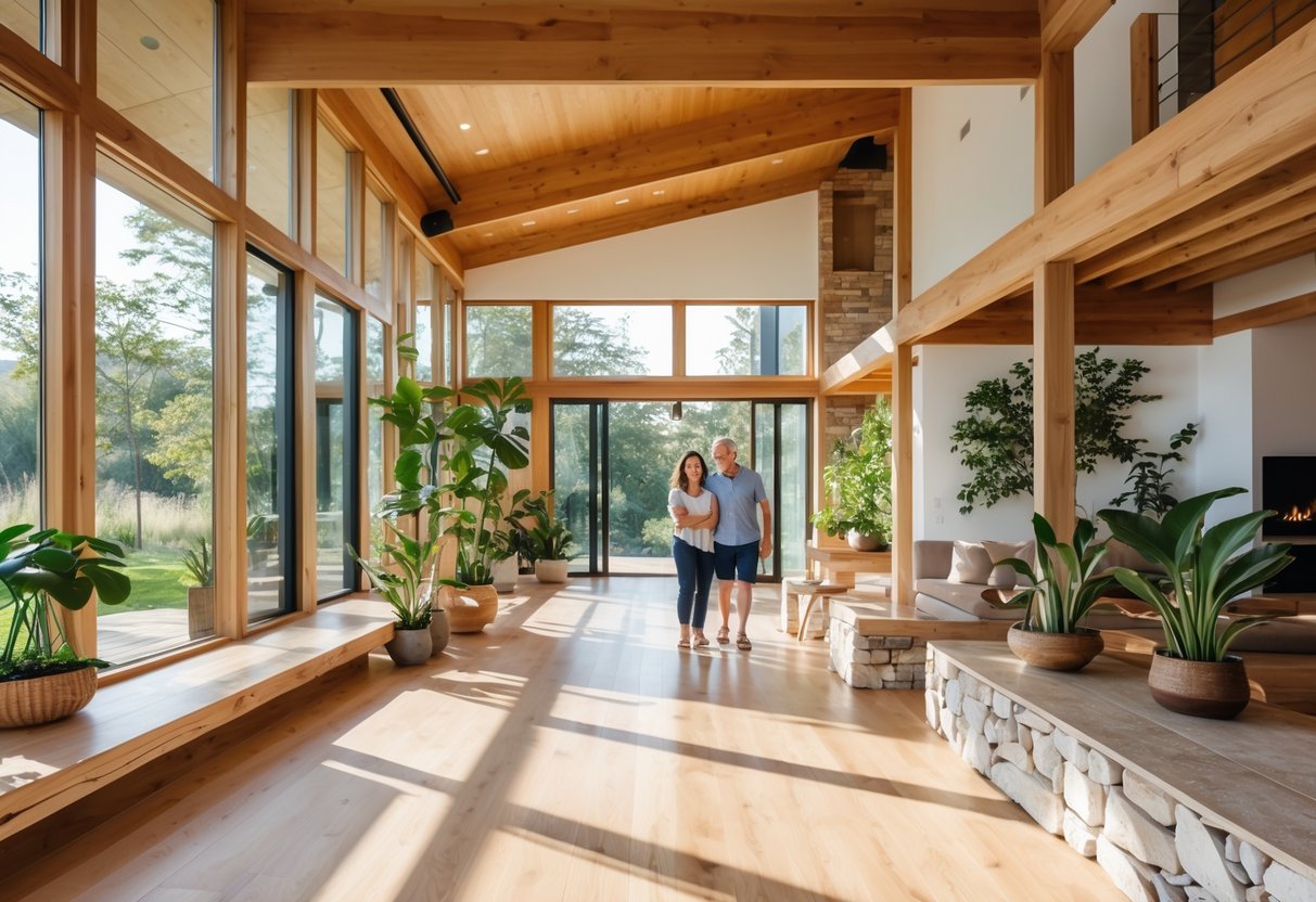 Et lyst, moderne hjem med naturlige materialer, store vinduer, treinnredning og innendørs planter, med en familie som trives sammen.