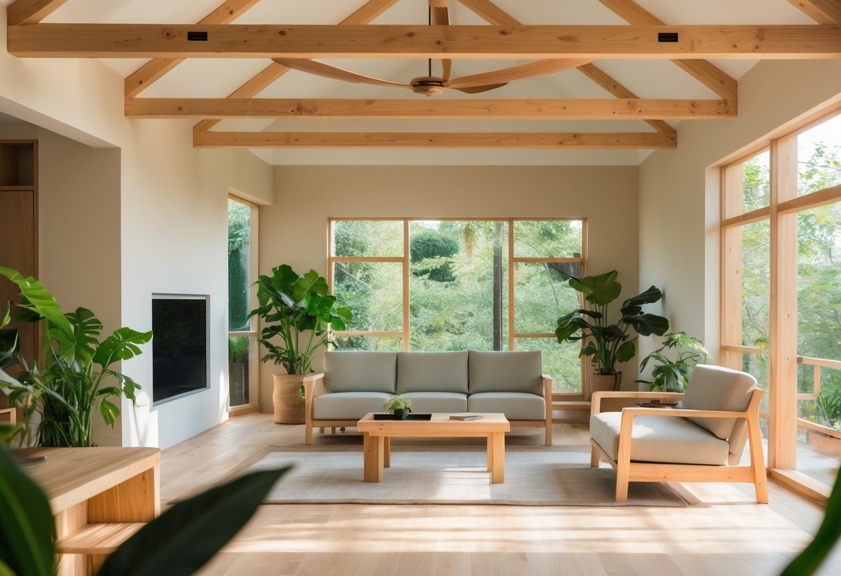 Moderne stue med naturlige materialer, treinnredning og grønne planter, lyst og innbydende rom.