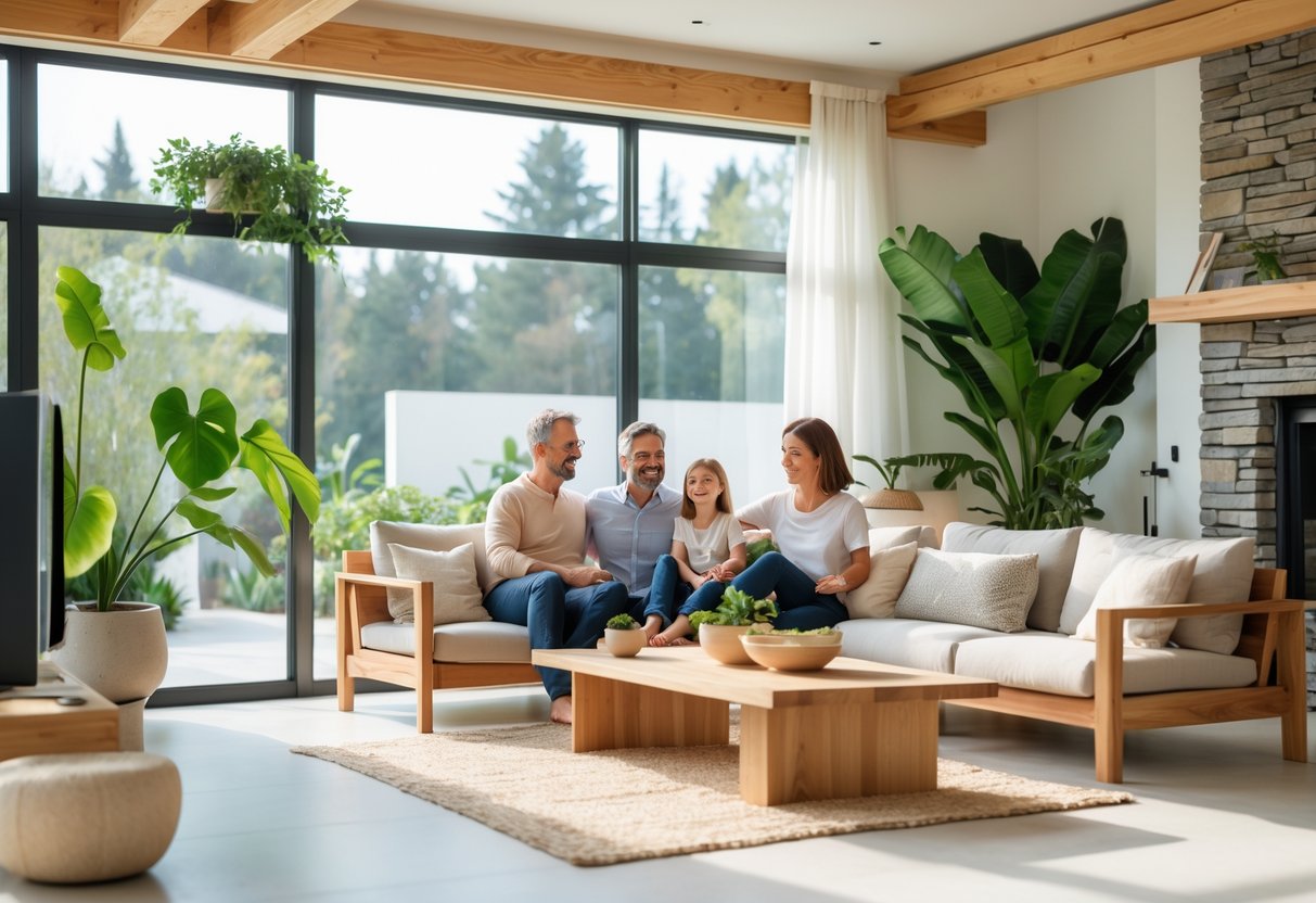 En lys og moderne stue med naturlige materialer, grønne planter og mennesker som slapper av.