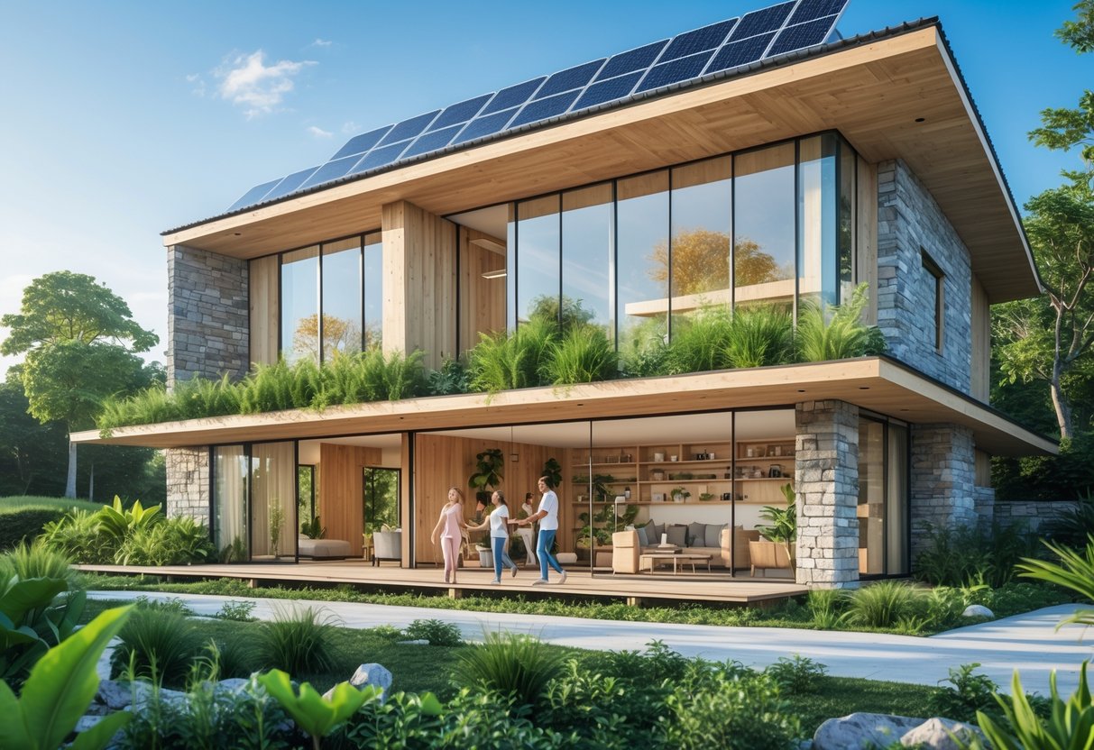 Moderne naturlig bygg omgitt av grøntområder med solcellepaneler og mennesker som nyter et sunt inneklima.
