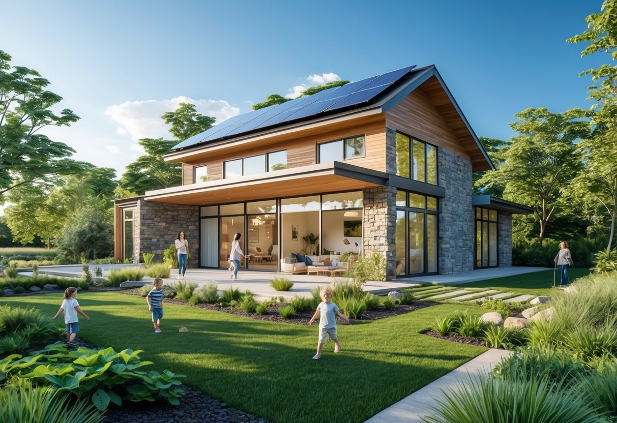 Et moderne hus laget av naturlige materialer omgitt av grøntområder med en familie som nyter hagen utenfor.