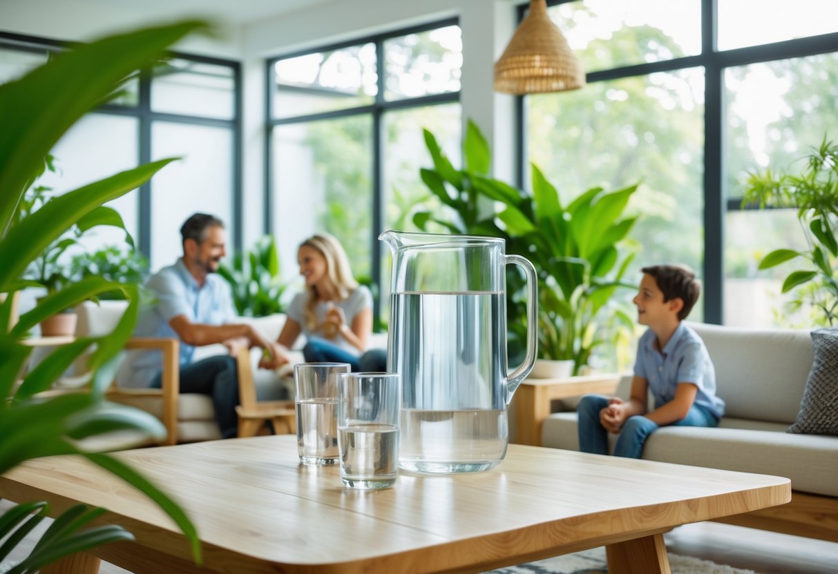 Moderne stue med store vinduer, grønne planter og en familie som koser seg, med naturlige materialer og et glass vann på bordet.