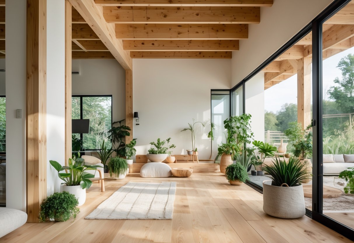 Moderne hjem med naturlige materialer, store vinduer, trevegger og planter, som skaper et lyst og sunt inneklima.