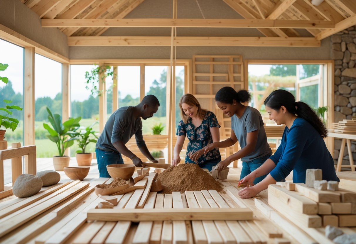 Personer som bygger med naturlige materialer i et lyst og ryddig arbeidsrom.