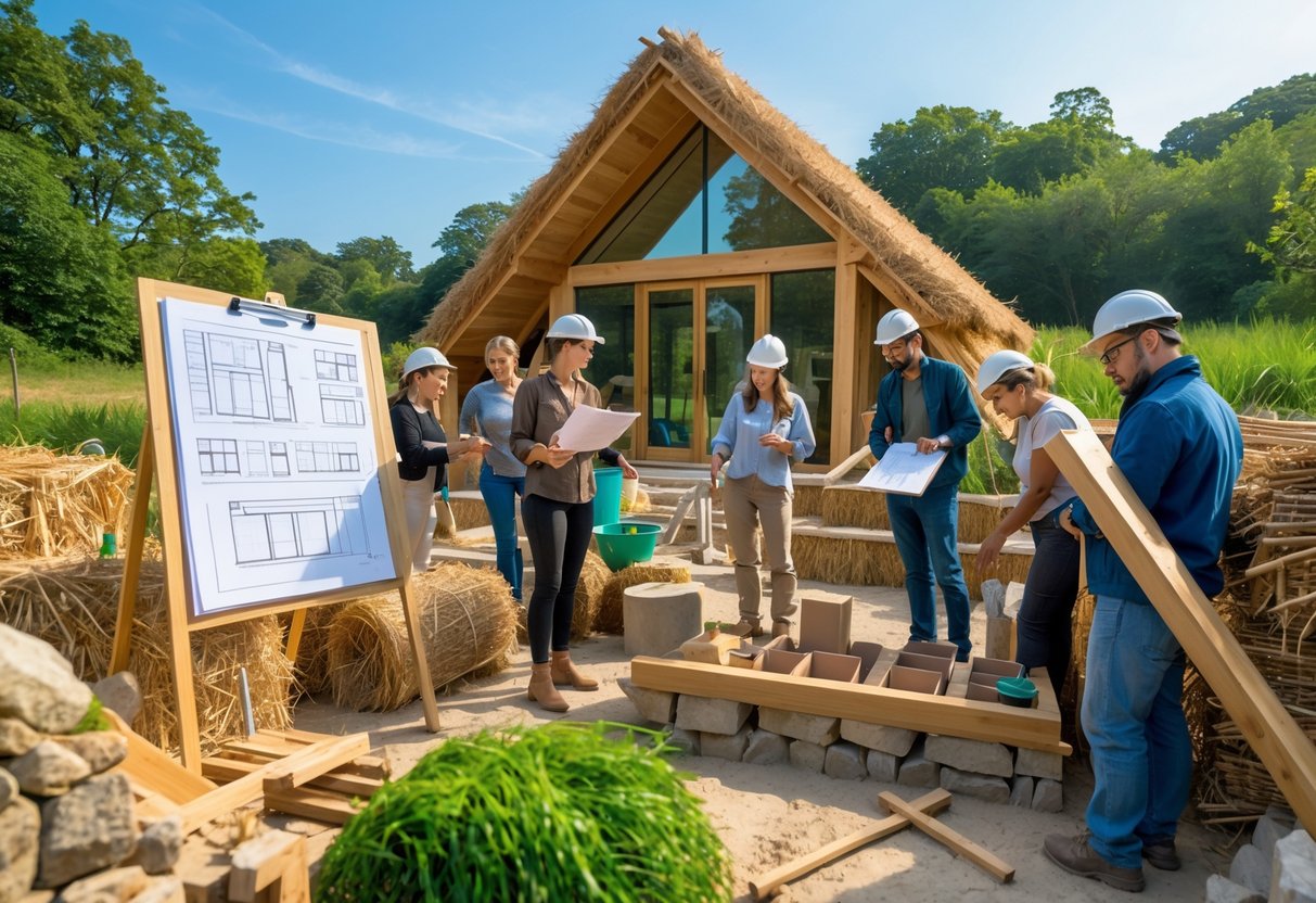En gruppe mennesker som samarbeider om å bygge et naturlig hus utendørs med miljøvennlige materialer.