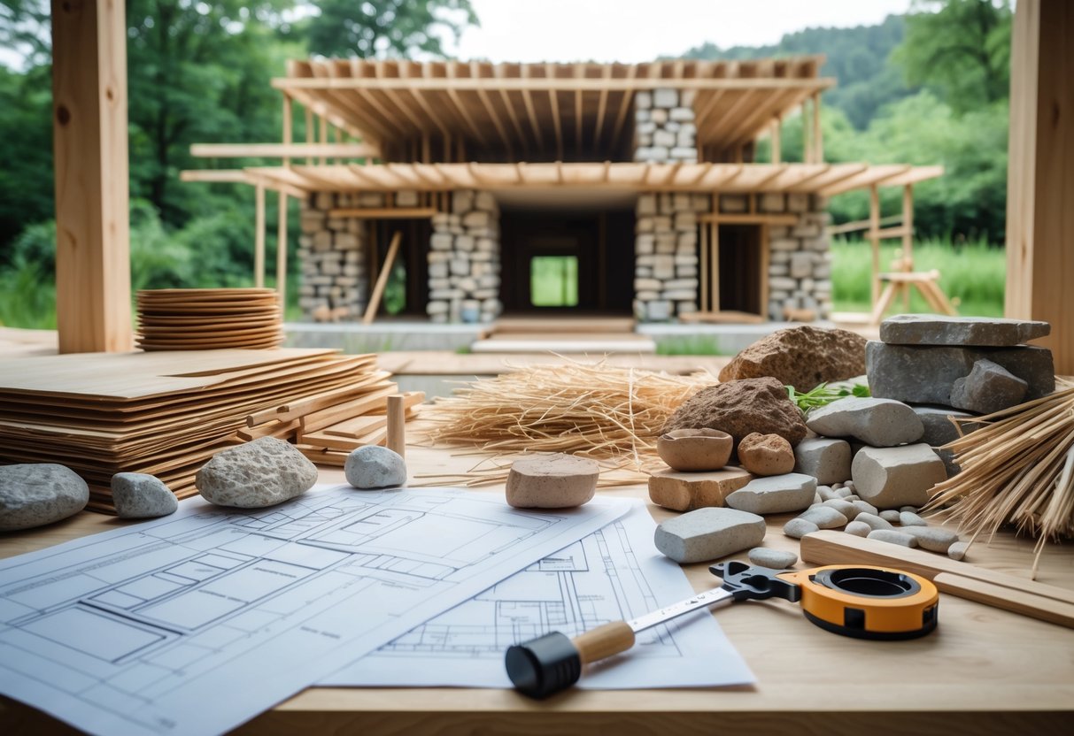 Et arbeidsområde med naturlige byggematerialer som tre, leire og halm, sammen med byggeplaner og verktøy, foran en delvis bygget naturlig bygning omgitt av grøntområder.