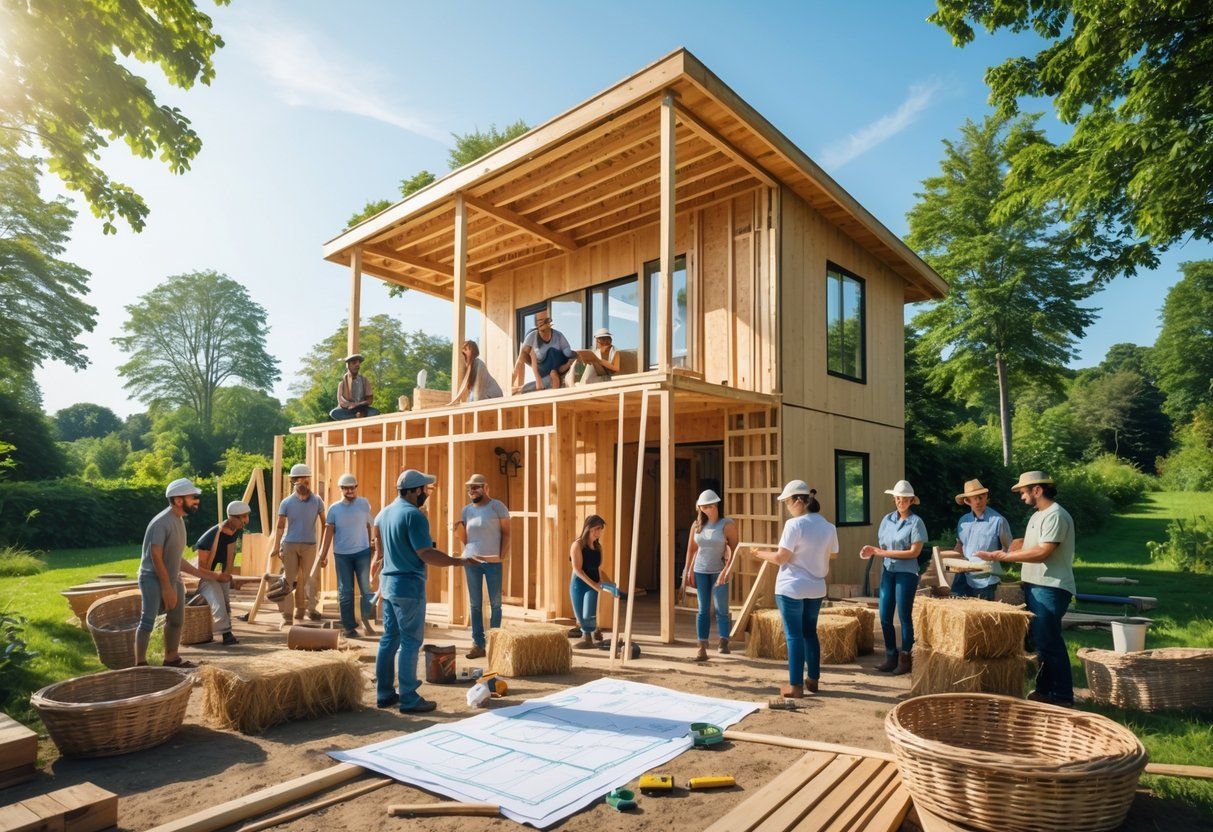 En gruppe mennesker bygger et miljøvennlig hus i et grønt naturområde med trær og naturlige materialer.