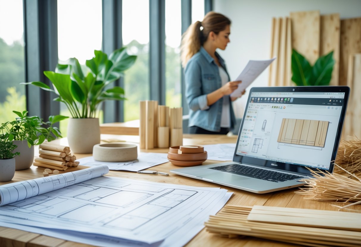 Et lyst arbeidsområde med naturlige byggematerialer og en person som ser på byggeplaner.