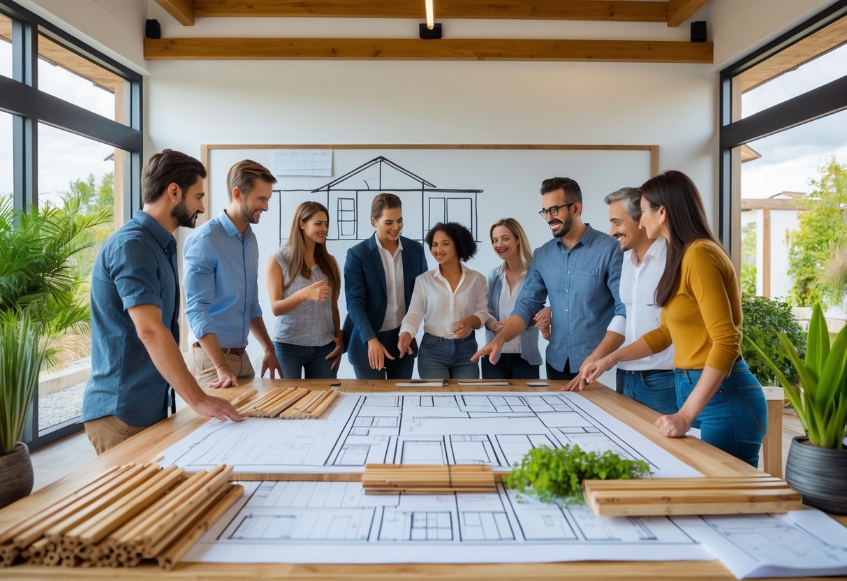 En gruppe mennesker som planlegger et bærekraftig hus rundt et bord med byggeplaner og naturlige materialer.