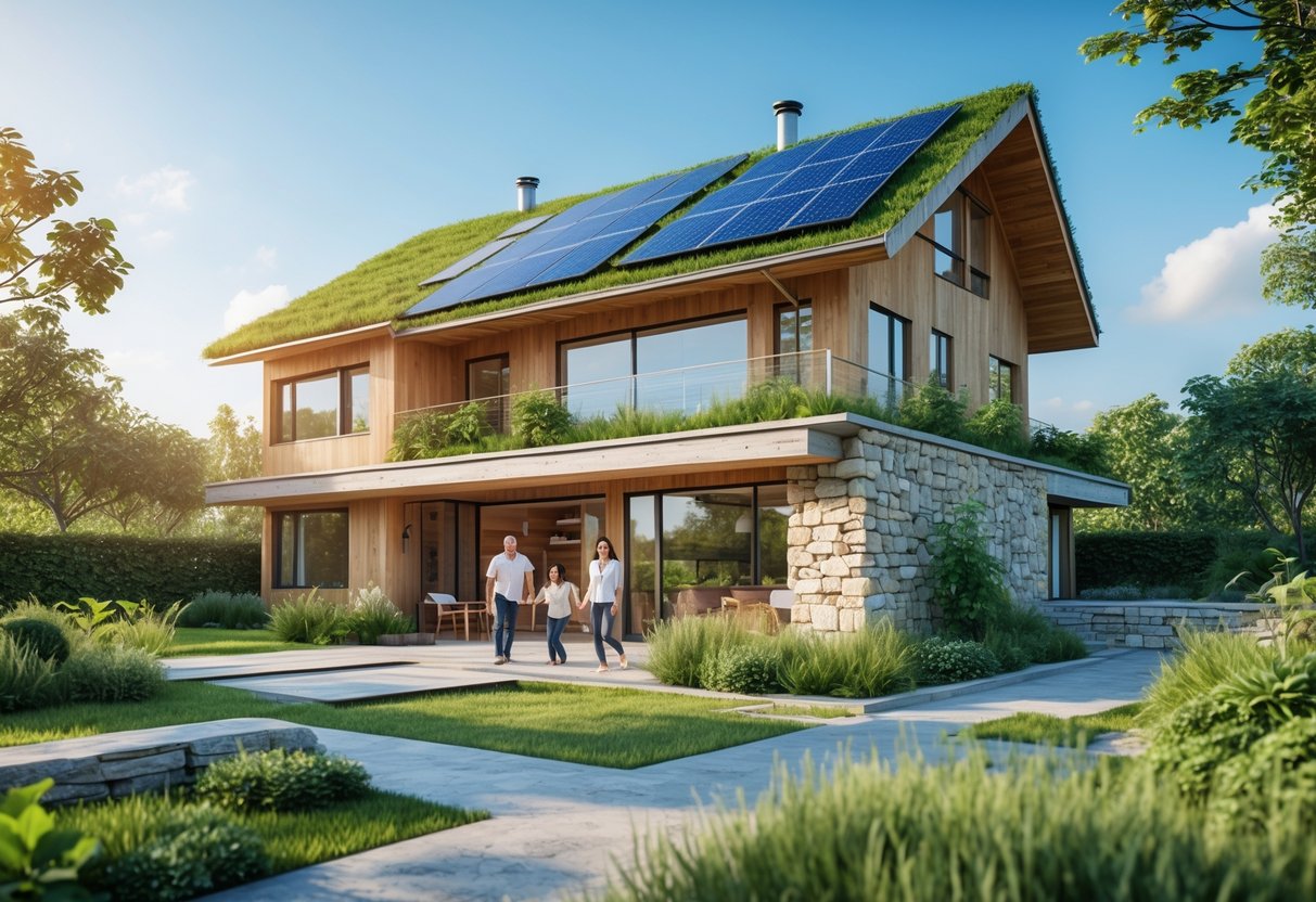 Et moderne, miljøvennlig hus laget av naturlige materialer omgitt av grøntområder og solcellepaneler, med en familie som nyter uteområdet.