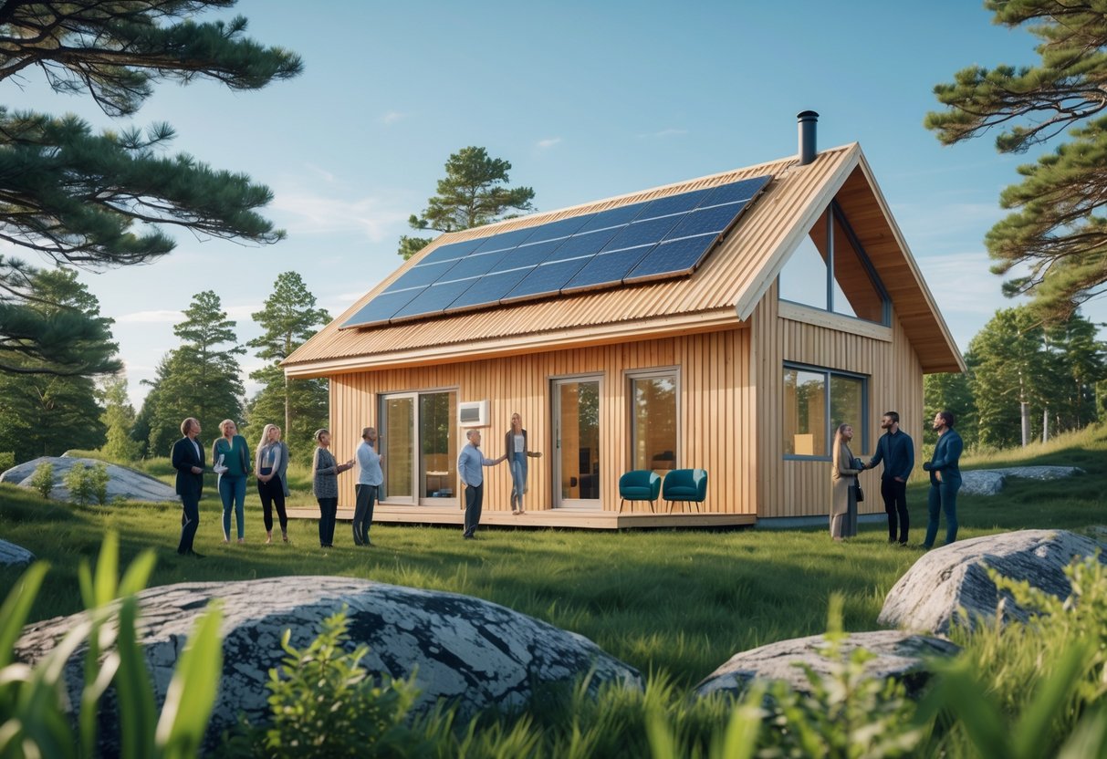 En moderne, miljøvennlig trebygning omgitt av norsk natur med mennesker som diskuterer foran huset.