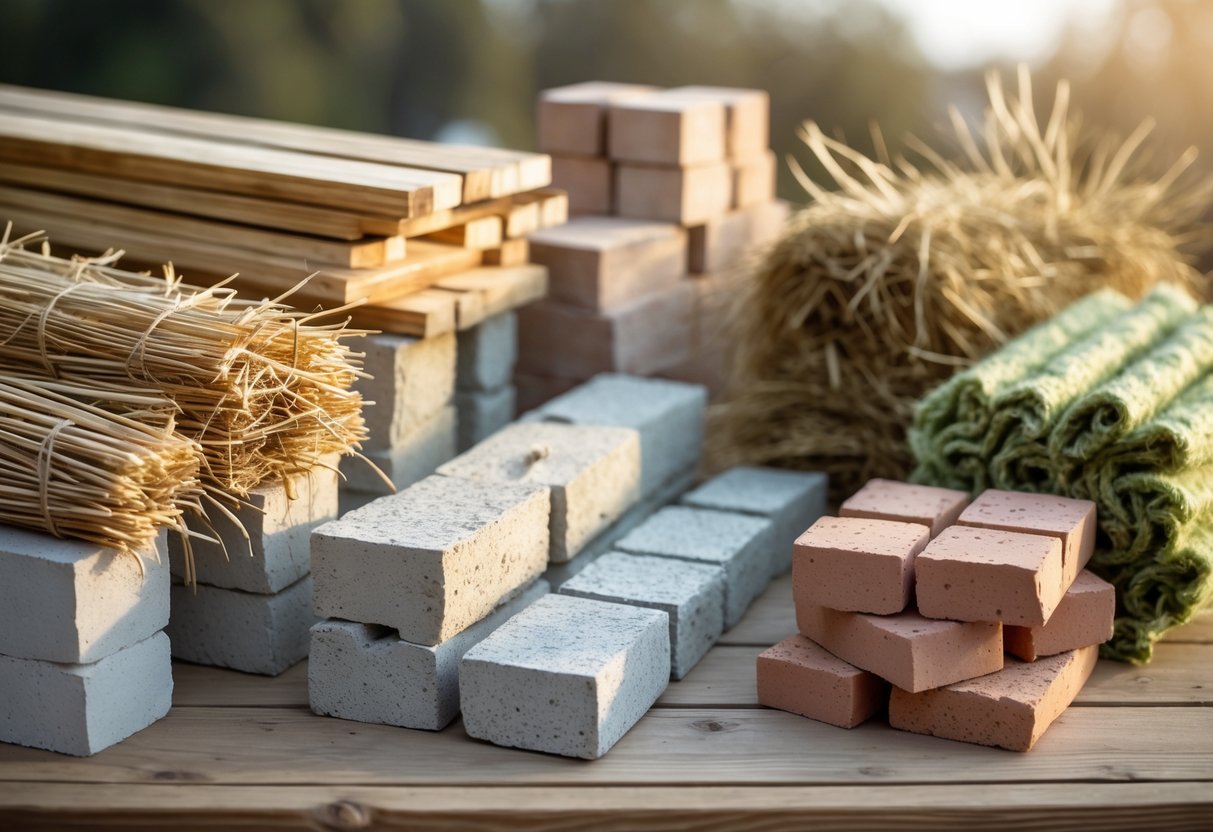 Ulike naturlige byggematerialer som treplanker, halm, stein, leire og hamp isolasjon arrangert på et bord.