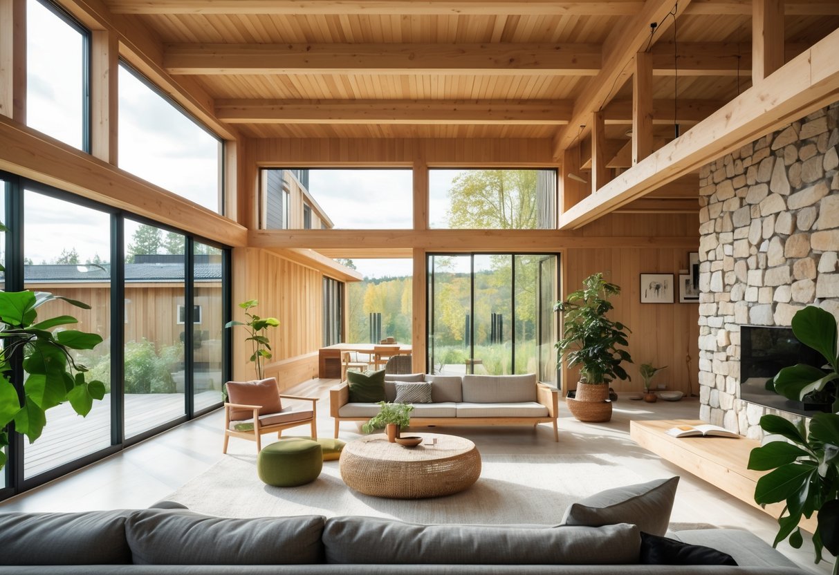 En lys og moderne stue i et norsk hjem med synlige trebjelker, naturstein og grønne planter.