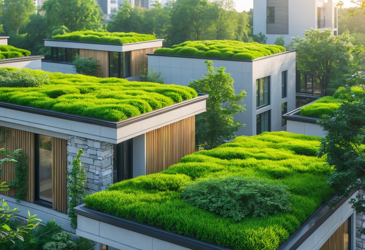 Moderne bygninger med grønne tak og naturlige materialer omgitt av trær og planter.