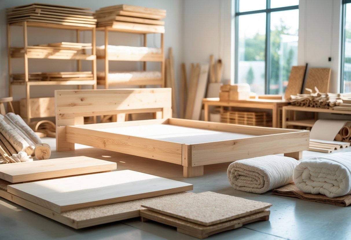 Et lyst rom med naturlige byggematerialer og en delvis montert seng laget av tre, omgitt av verktøy og naturlige tekstiler.