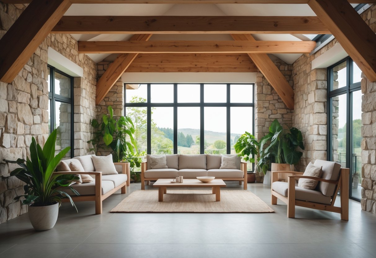 Et lyst og moderne rom med naturlige byggematerialer som tre og stein, store vinduer og grønne planter.