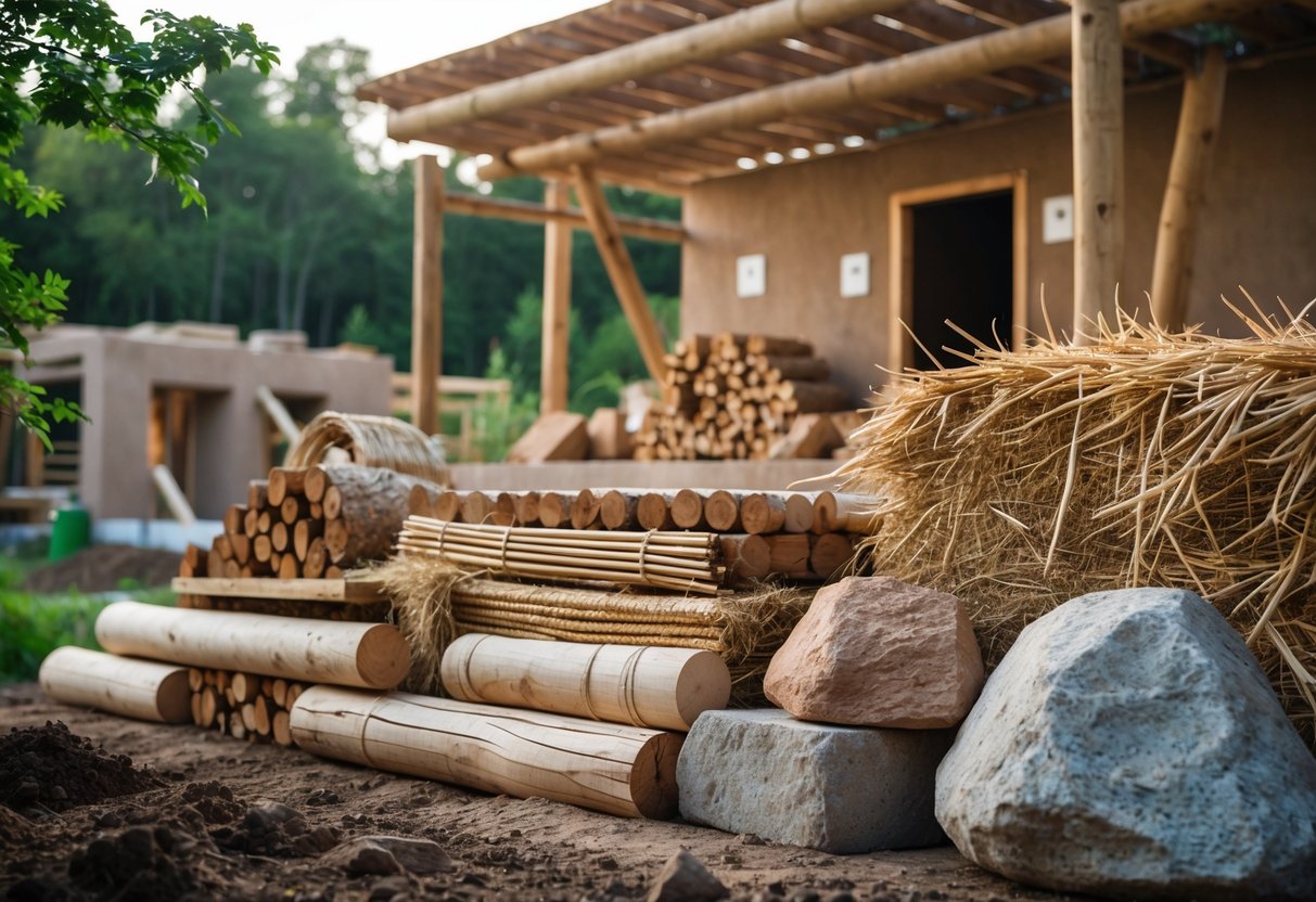 Naturlige byggematerialer som tre, halmballer, leire og stein ved en byggeplass med et påbegynt naturlig hus i bakgrunnen.