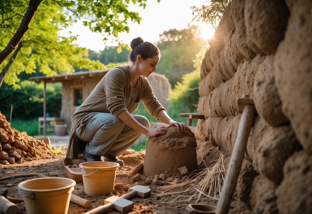 En person som jobber med naturlige byggematerialer utendørs omgitt av grønn natur.