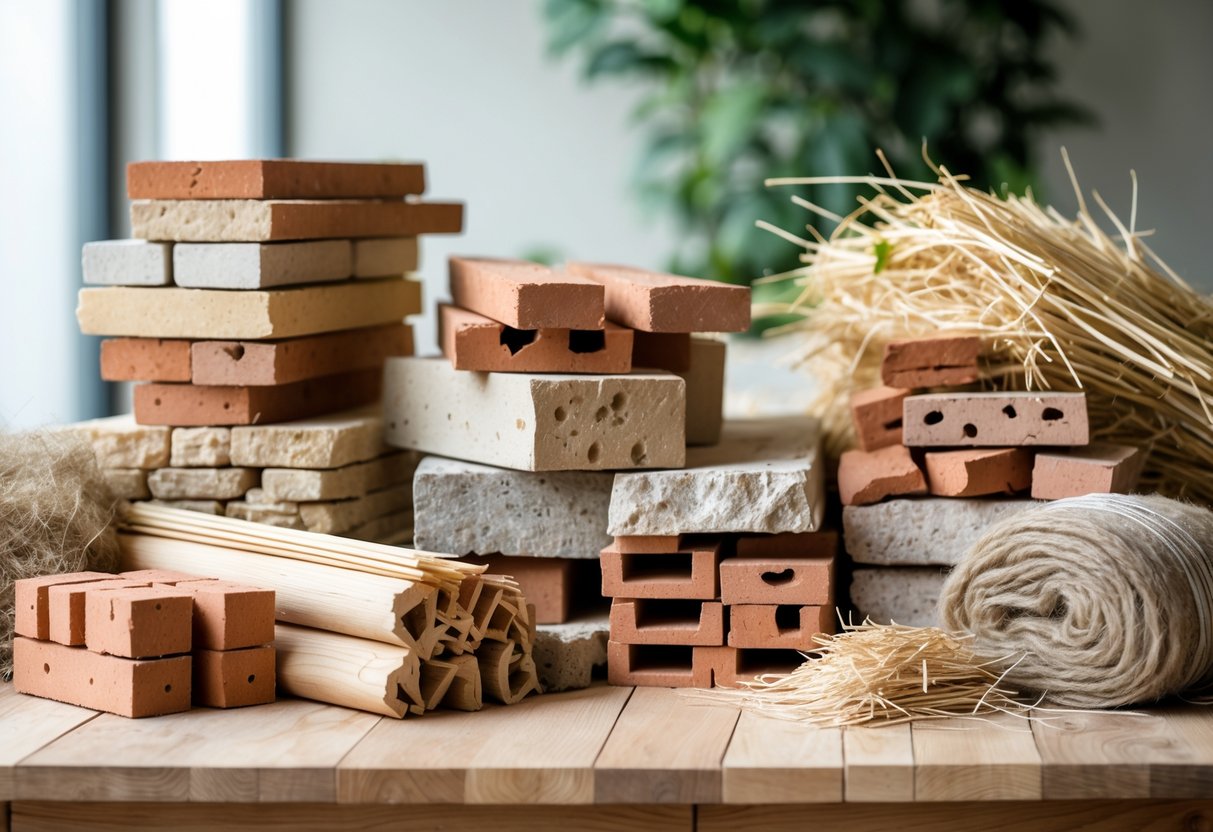 Ulike naturlige byggematerialer som treplanker, stein, leire, halm og isolasjonsmaterialer lagt ut på et bord i et lyst rom.
