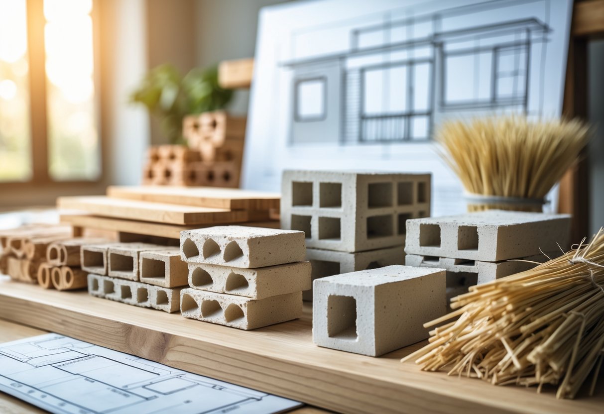 Ulike naturlige byggematerialer som tre, stein, leire og strå lagt ut på et bord med en arkitekttegning i bakgrunnen.