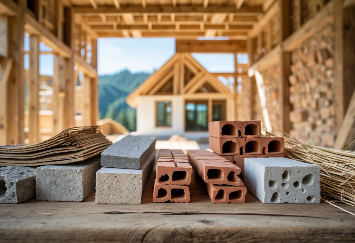 Nærbilde av naturlige byggematerialer som tre, stein, leire og halm på et trebord med et hus under bygging i bakgrunnen.