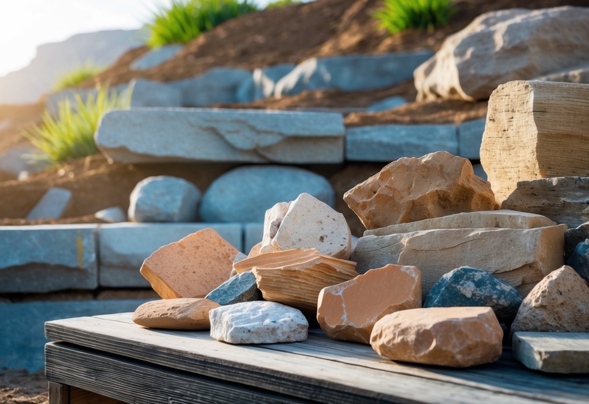 Nærbilde av naturlige byggematerialer som stein, leire og tre med et utendørs landskap med steinete terreng og planter i bakgrunnen.