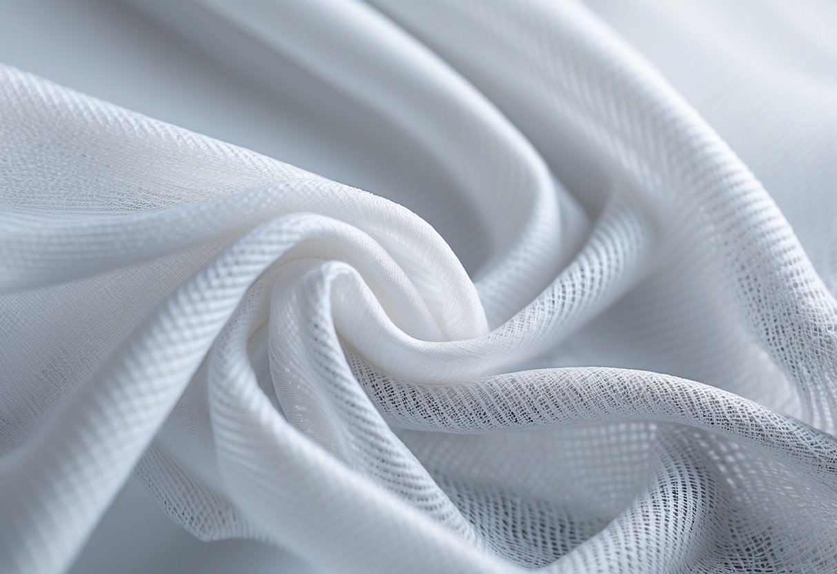 Nærbilde av pustende tekstiler laget av polyester og polyetylen, med synlige fiberstrukturer og stoff som folder seg lett.