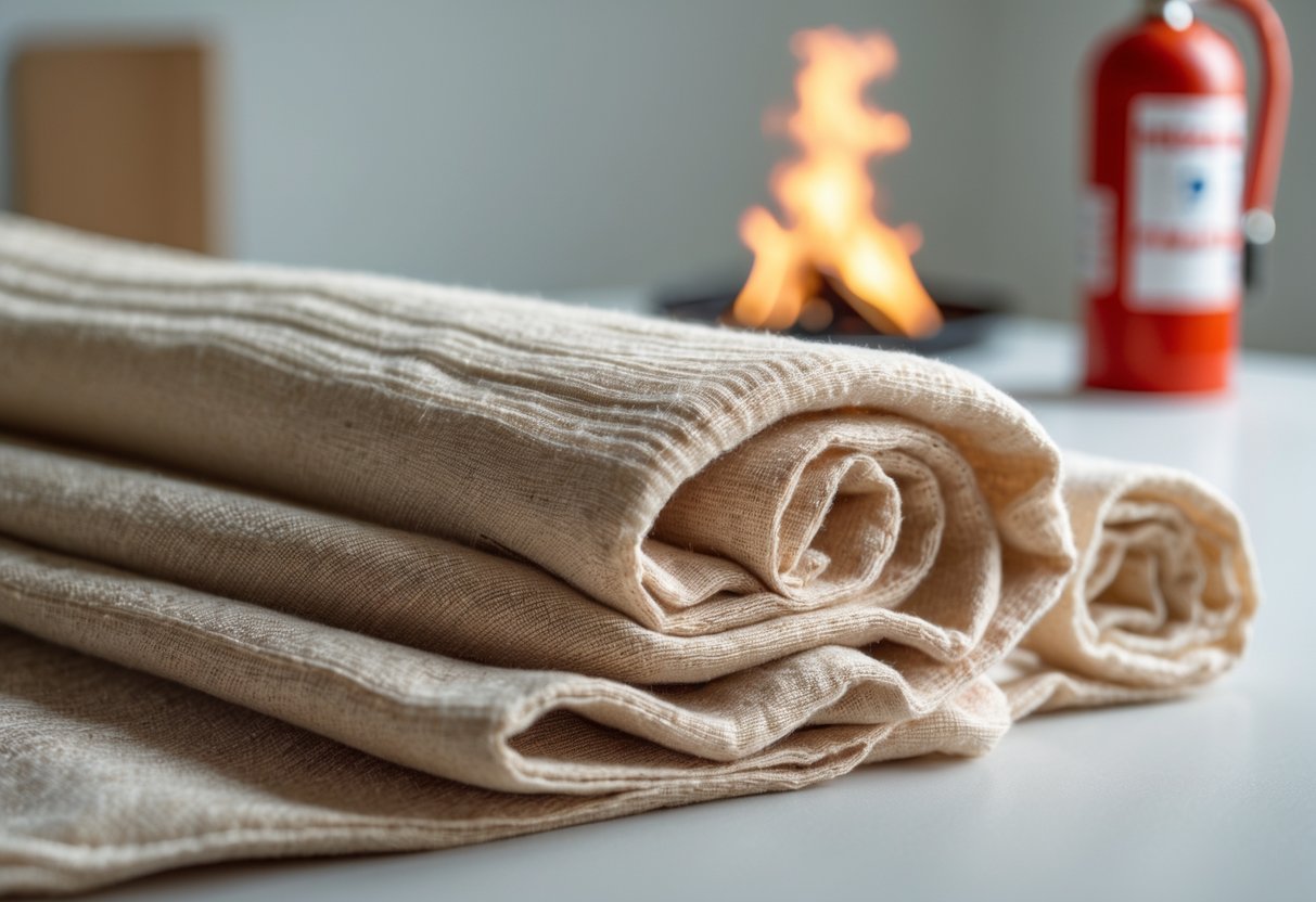 Nærbilde av naturlige, ubehandlede tekstilfibre med et svakt synlig kontrollert flammeelement i bakgrunnen.