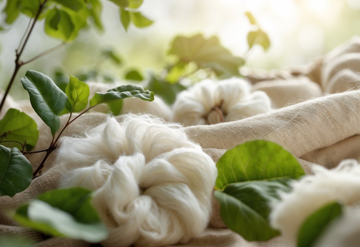 Nærbilde av naturlige, ubehandlede tekstilfibre omgitt av grønne blader med mykt naturlig lys.