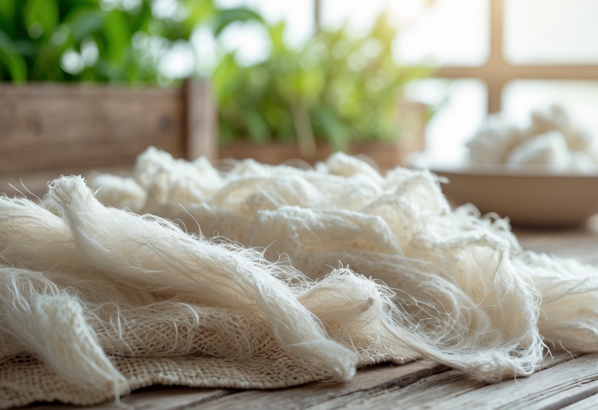 Nærbilde av naturlige tekstilfibre med grønne planter i bakgrunnen.