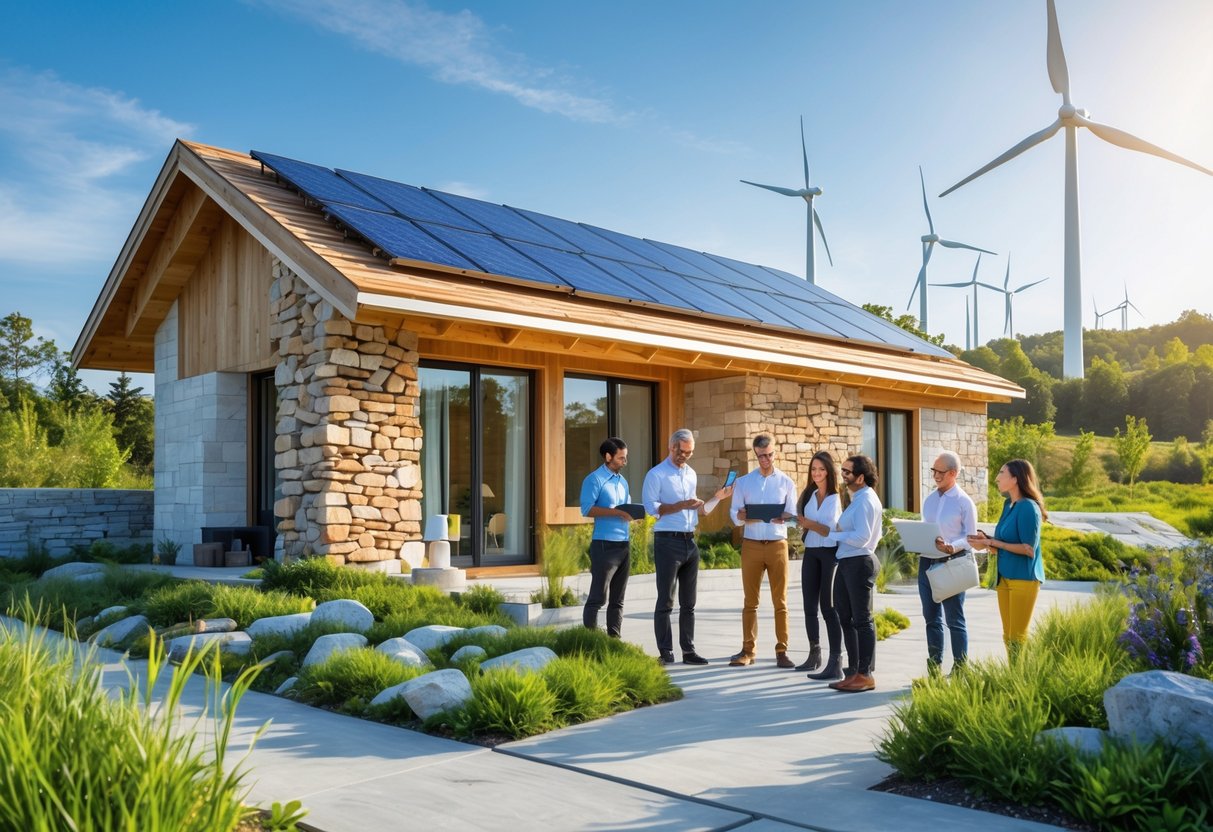 Moderne økologisk hus bygget med naturlige materialer omgitt av grønn vegetasjon og solcellepaneler, med mennesker som diskuterer byggeplaner ute i naturen.